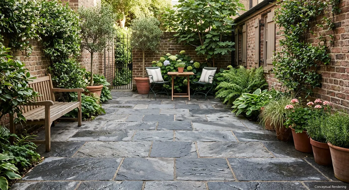 Conceptual rendering of small, enclosed courtyard paved with large-format, dark gray granite.