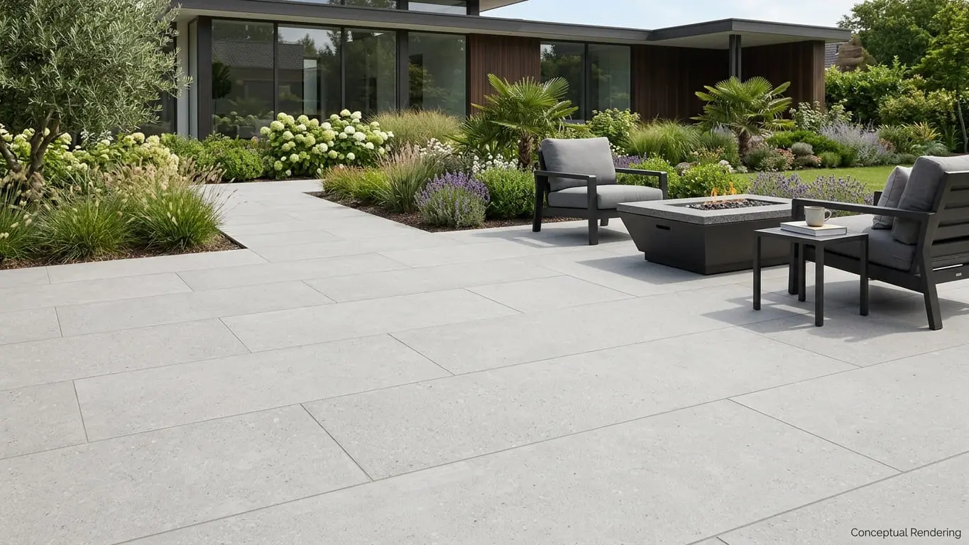 Conceptual rendering of modern outdoor patio featuring honed light gray porcelain pavers.