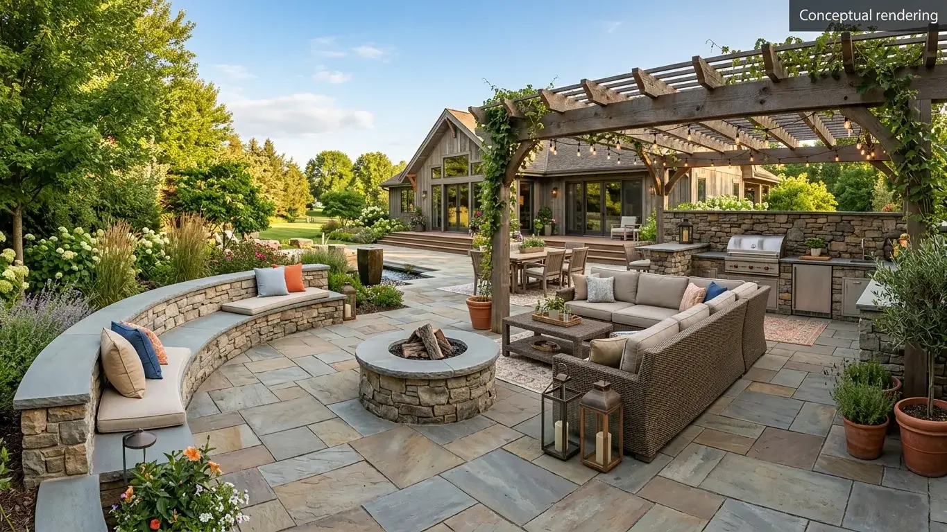 Conceptual rendering of backyard hardscape patio with flagstone floor, stone fire pit, and outdoor kitchen.