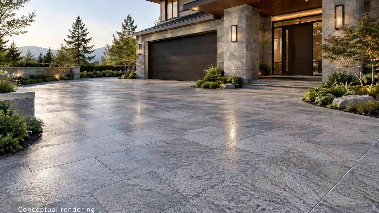 Conceptual rendering of a home exterior with a granite-paved driveway and landscaped entrance.