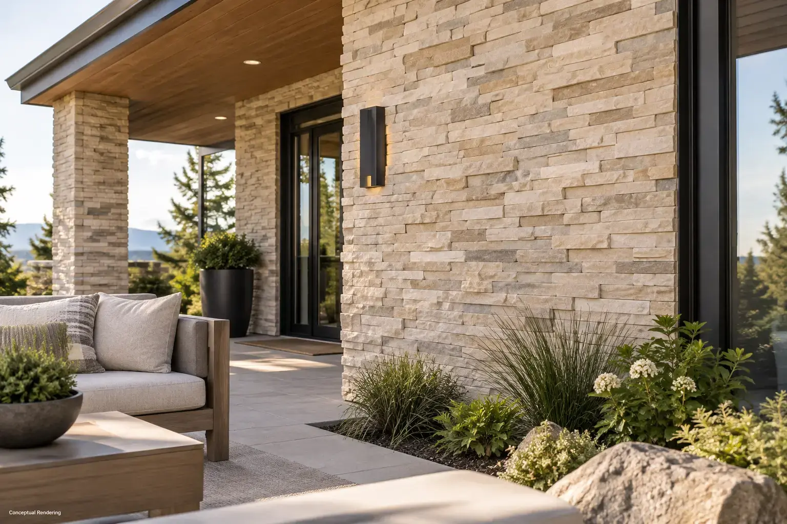 Conceptual rendering of beige ledger stone exterior wall on a modern home.