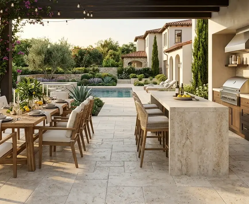 onceptual rendering of cool-touch travertine pavers framing an outdoor kitchen and dining area.