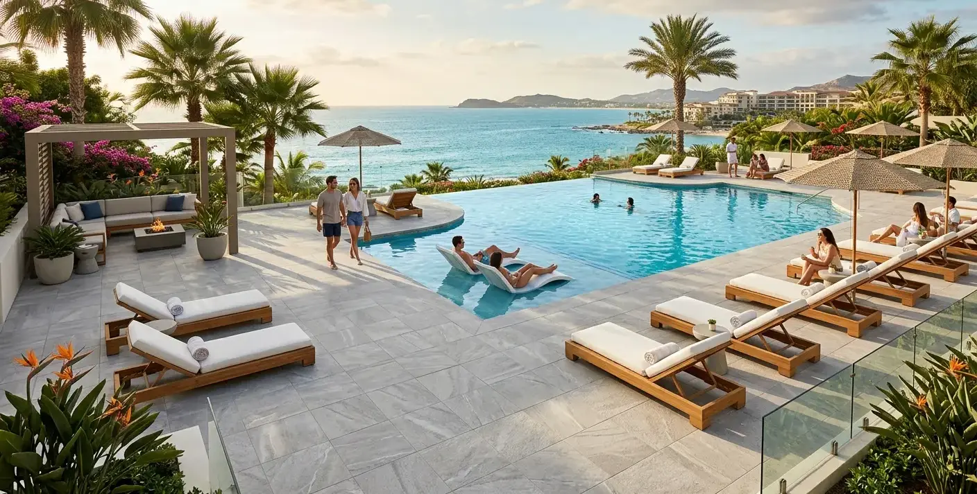 Conceptual rendering of light gray porcelain pavers surrounding a resort-style pool deck.