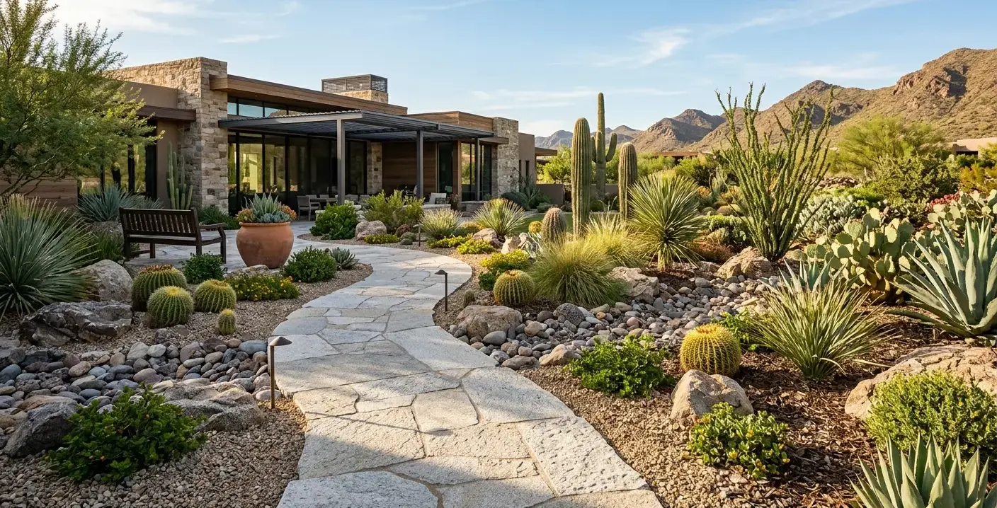 Conceptual rendering of a light-toned granite pavers walkway beside a desert-style xeriscape garden.