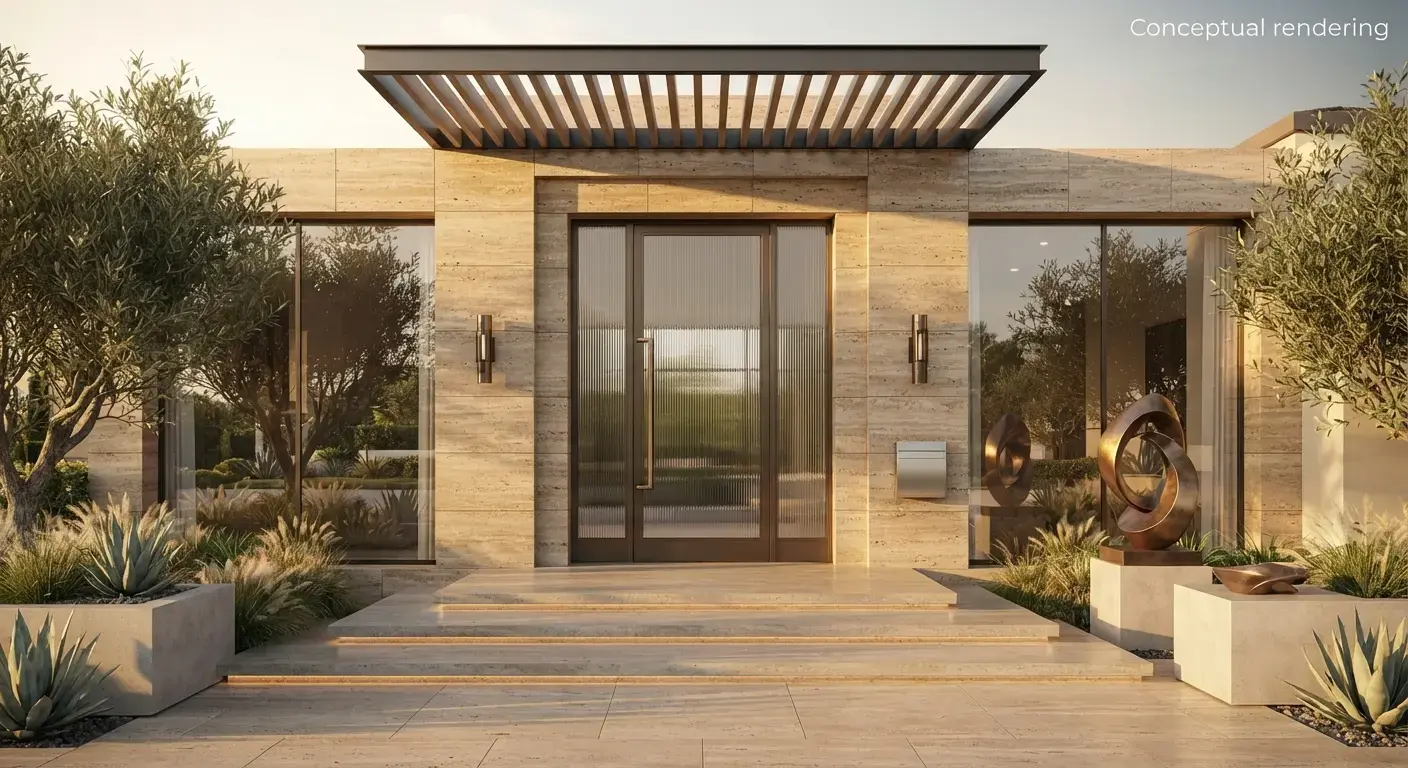 Conceptual rendering of travertine ledger stone in an entry facade.
