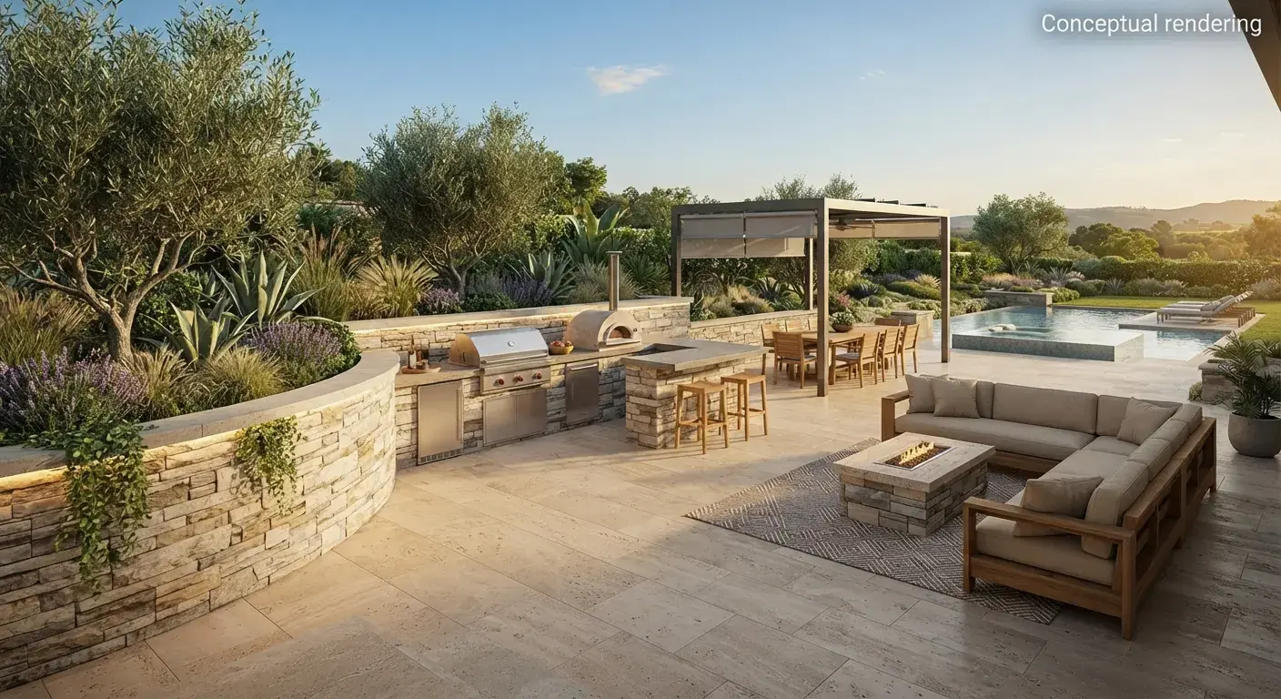 Conceptual rendering of limestone ledger stone patio within the modern house perimeter area.