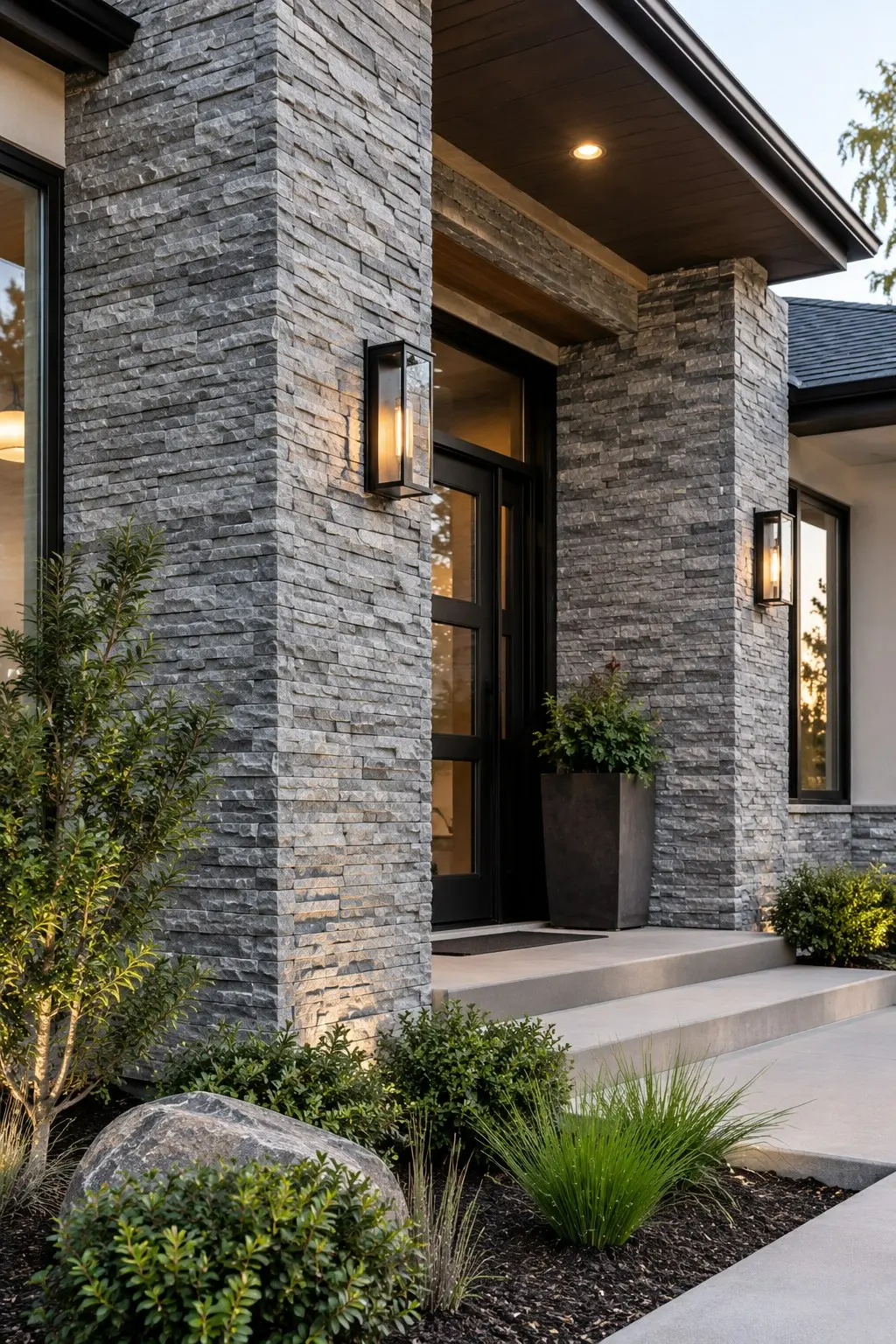 Conceptual rendering of a gray ledger stone of a Modern Stone-Clad Home Entrance.