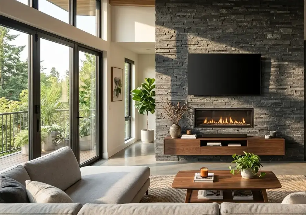 Black ledger stone panels cladding a modern charcoal accent wall.