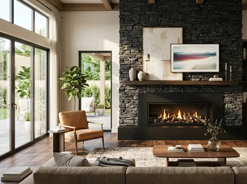Conceptual rendering of a black ledger stone fireplace surround in a living room.