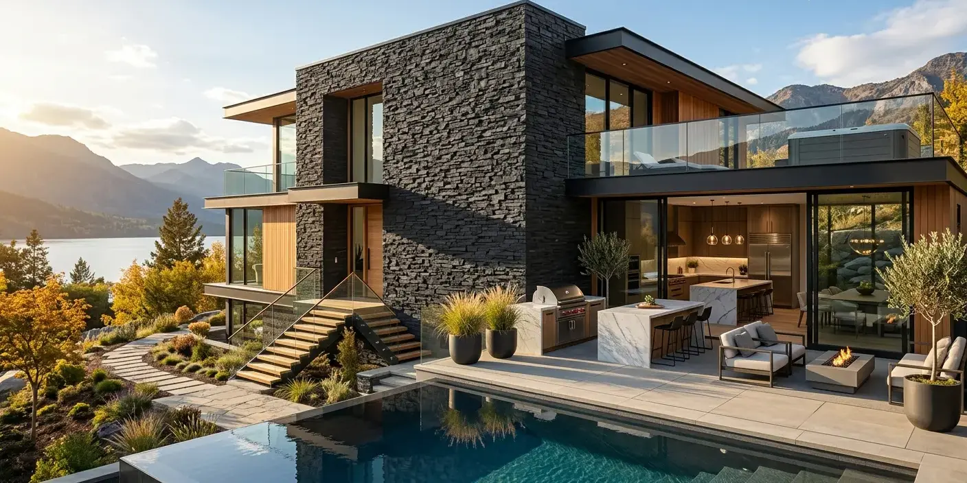 Conceptual rendering of a black ledger stone exterior facade on a modern home.