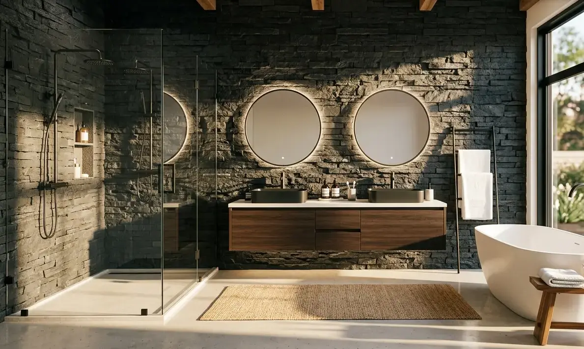 Conceptual rendering of a black ledger stone accent wall in a modern bathroom.
