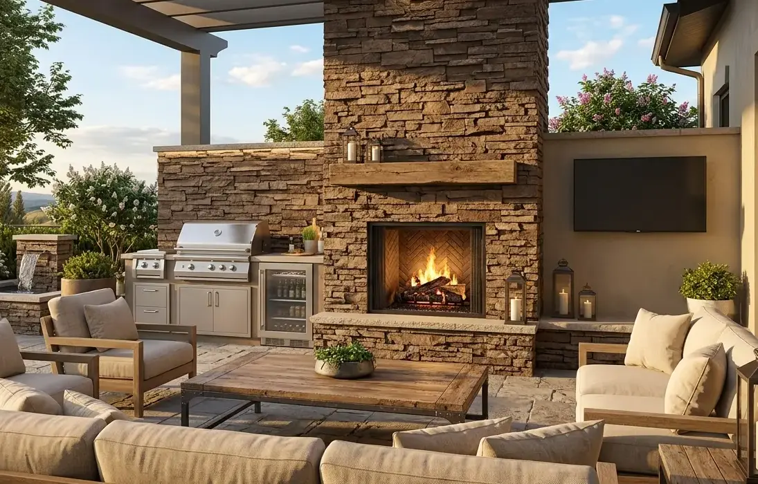 Conceptual rendering of a Brown Ledger Stone fireplace surround with staggered strata texture.