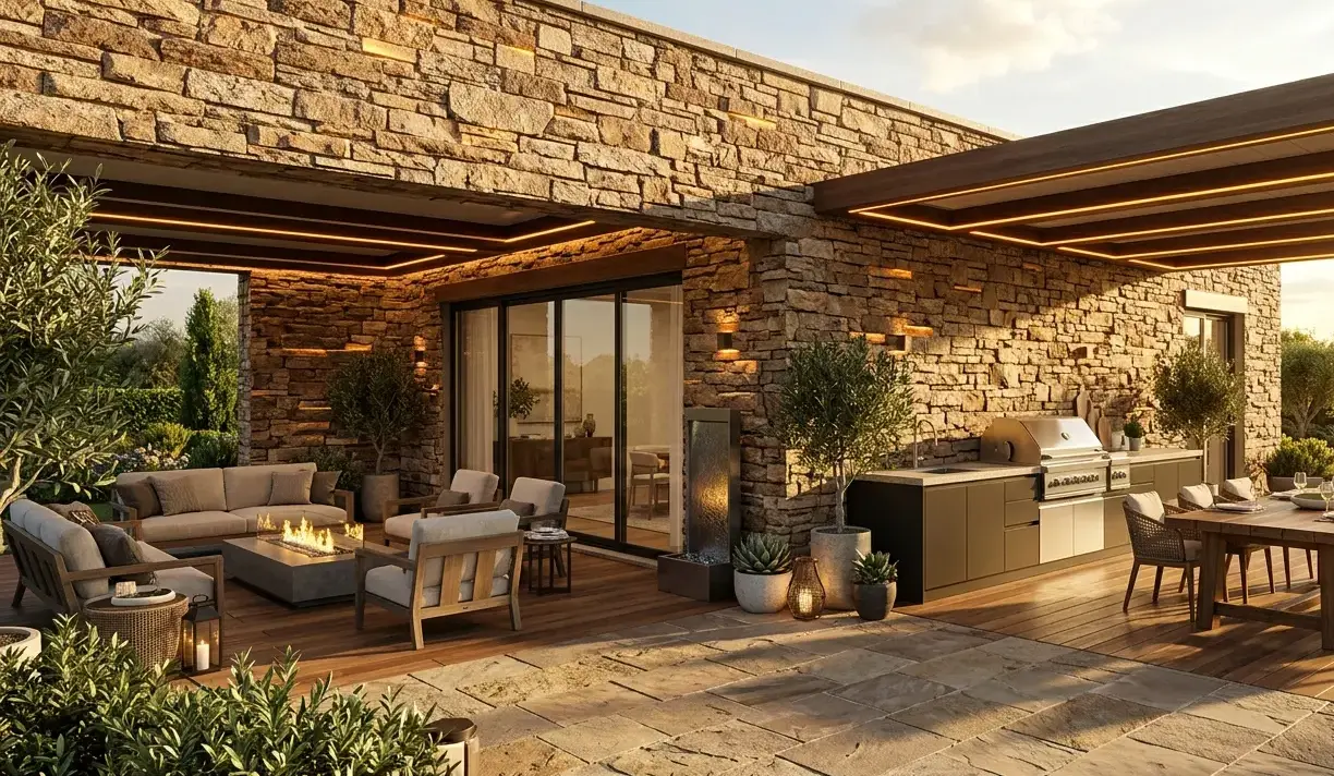 Conceptual rendering of a Brown Ledger Stone exterior facade with warm amber accents.