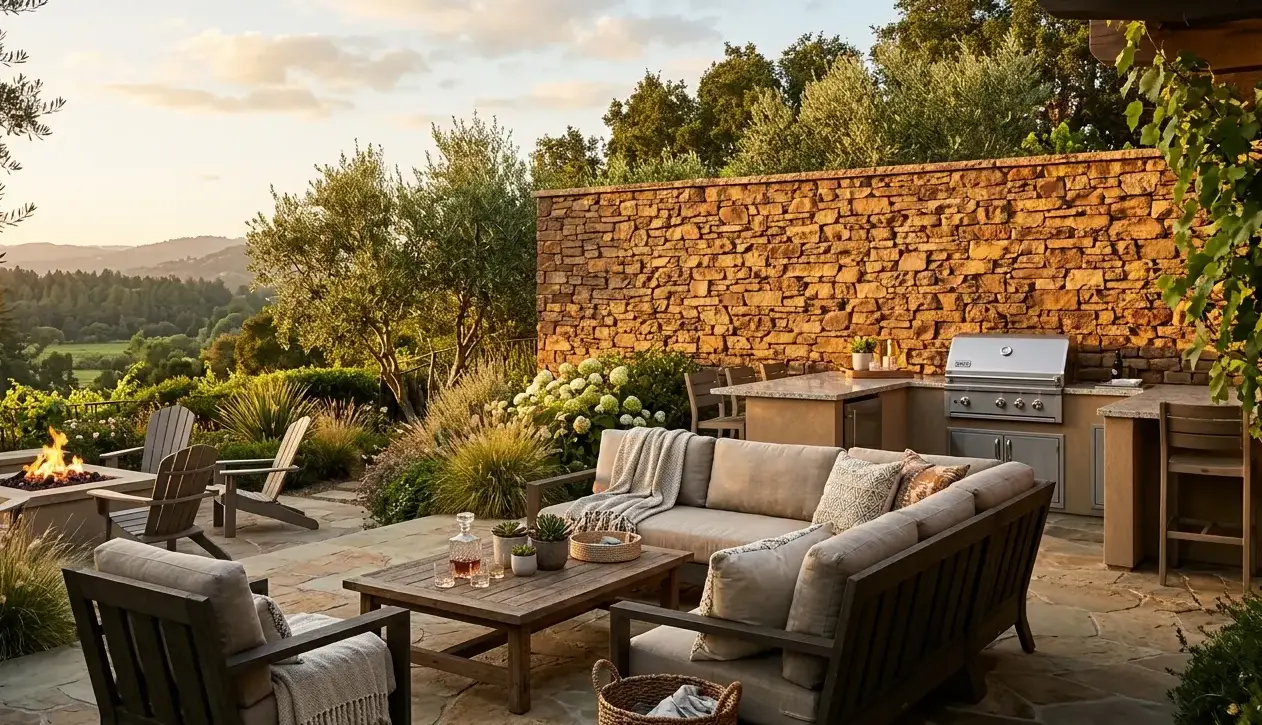Brown Ledger Stone accent wall with warm chestnut and amber tones.