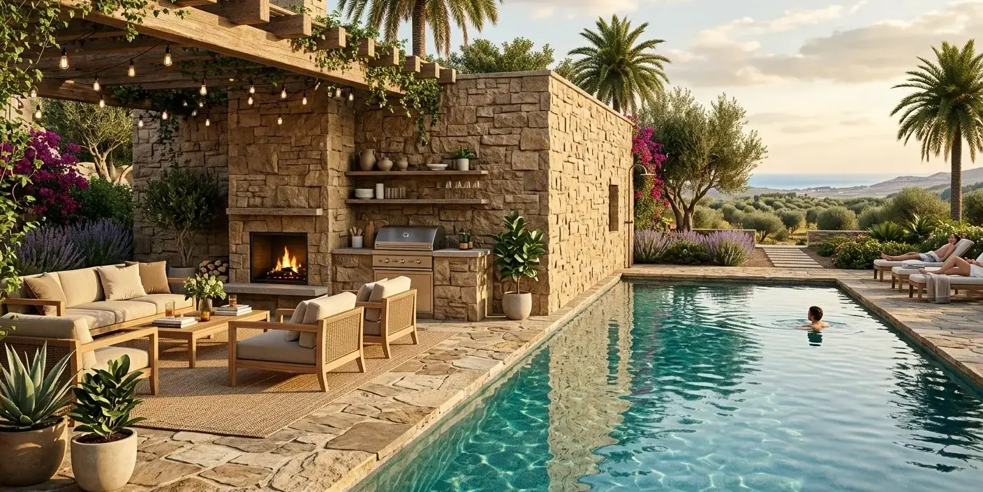 Conceptual rendering of a Brown Ledger Stone poolside wall with cleft-face texture