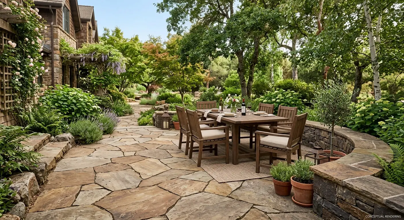 Conceptual rendering of flagstone terrace features a teak dining table and chairs.