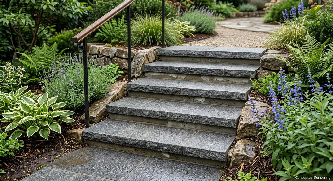 Conceptual rendering of outdoor steps dark grey porcelain pavers with a textured flamed finish.