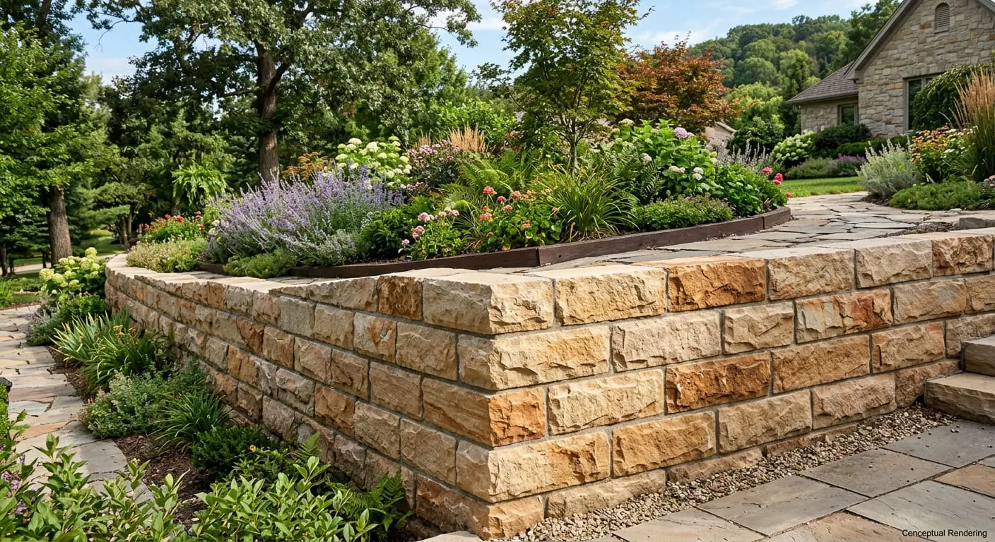 Conceptual rendering of split-face sandstone retaining wall in a landscaped garden.