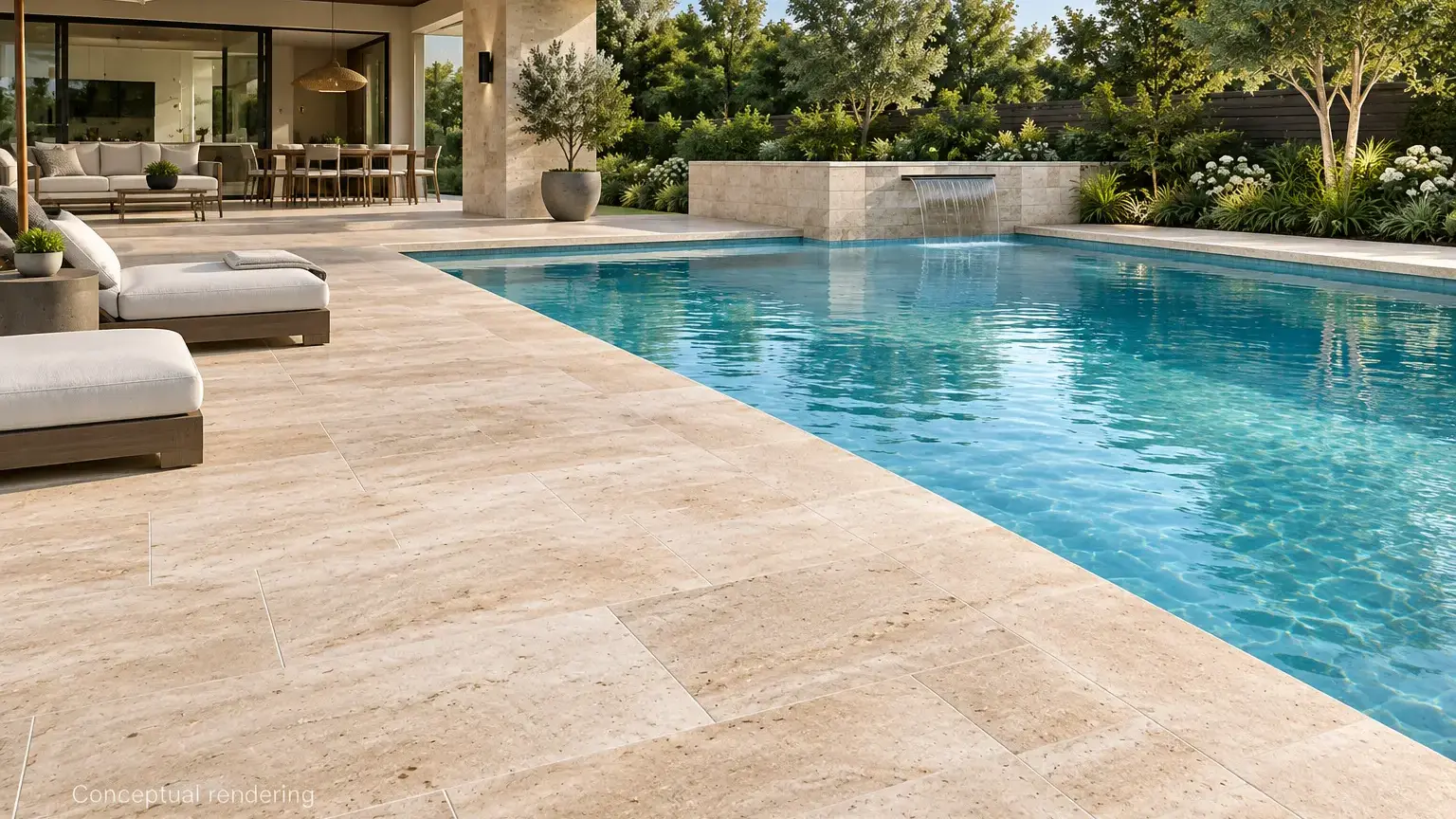 Conceptual rendering of a backyard pool with a travertine hardscape stone deck and modern landscaping.