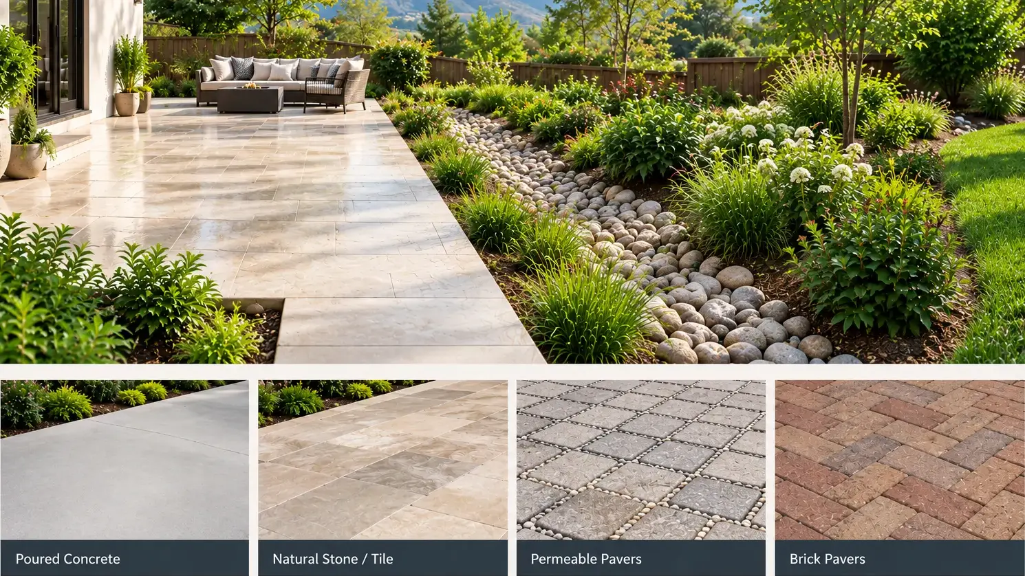 Conceptual rendering of a modern patio with dry creek bed and paving material comparison.