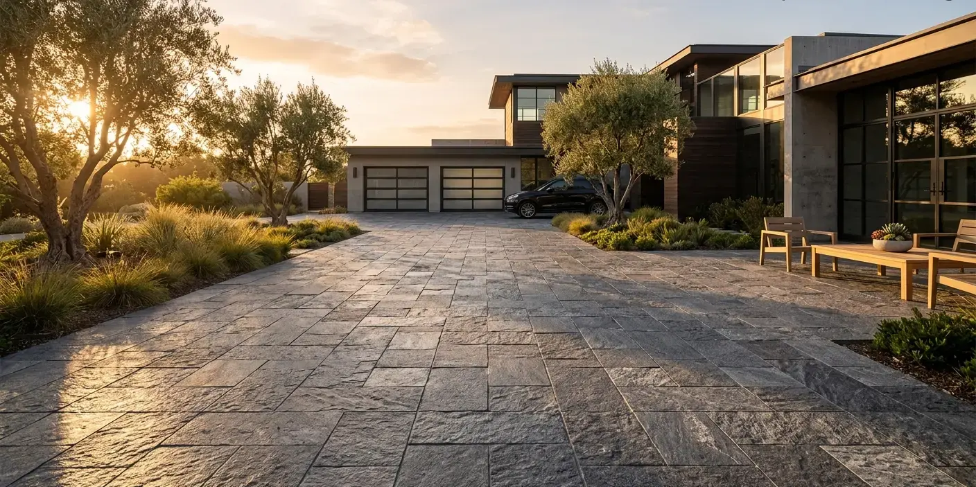 Conceptual rendering of a flamed granite paver driveway.