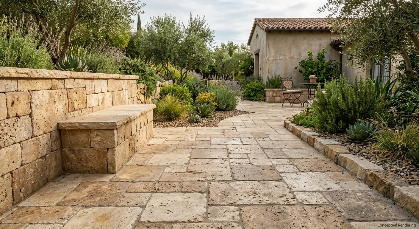 Conceptual rendering of patio made of warm, earth-toned tumbled travertine pavers.