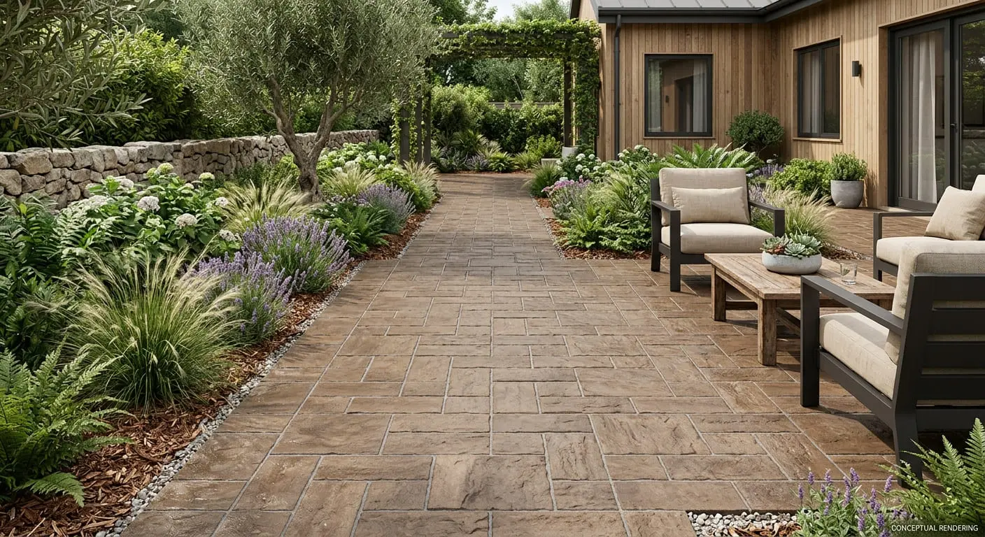 Conceptual rendering of walnut stone-look porcelain pavers patio walkway.