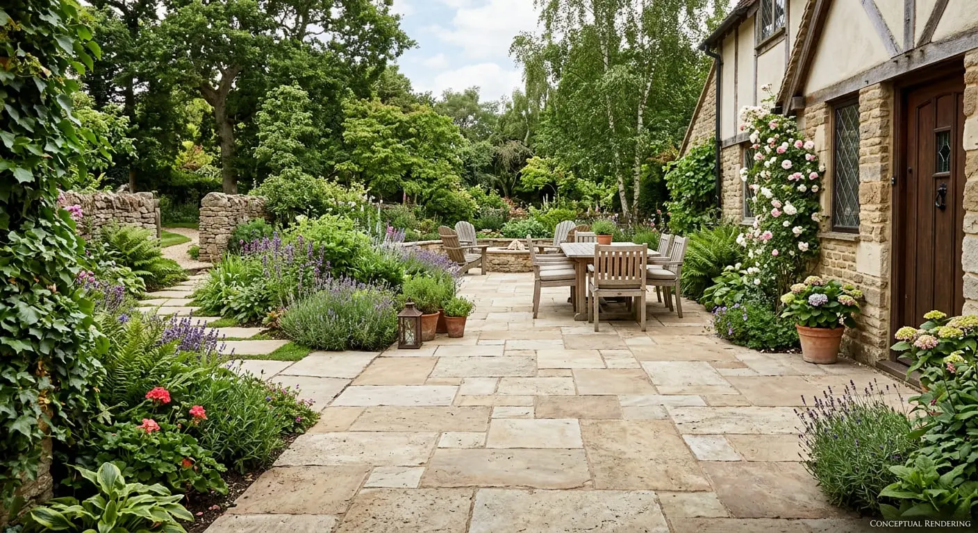 Conceptual rendering of large-format travertine stone cottage patio hardscape.
