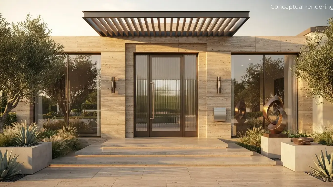 Conceptual rendering of travertine ledger stone in an entry facade.