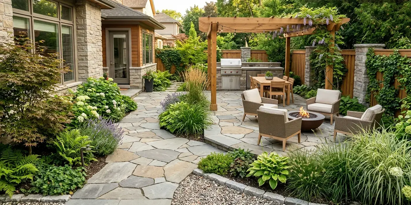 Conceptual rendering of a small yard hardscape patio in a modern landscape setting.