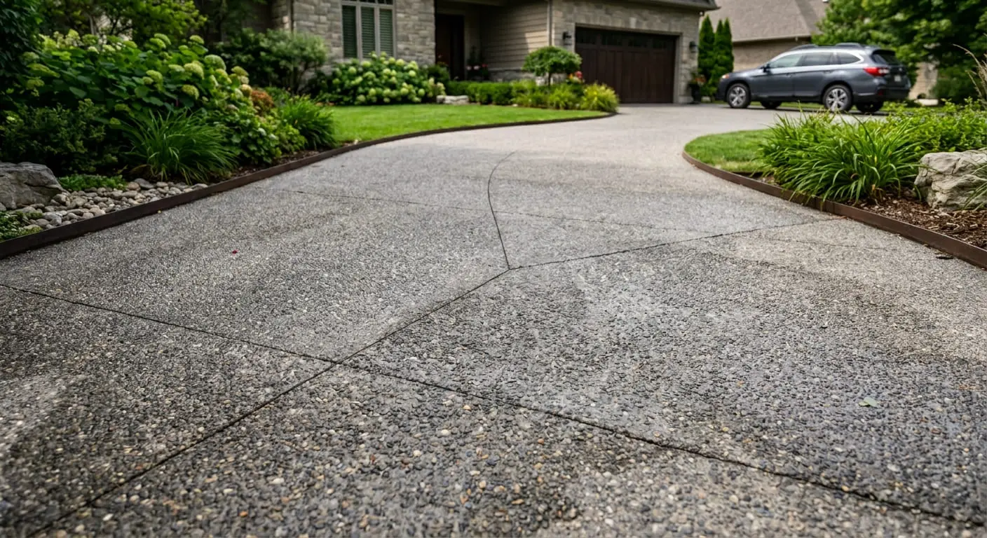 Conceptual rendering of a curved quartzite driveway hardscape with lush landscaping.