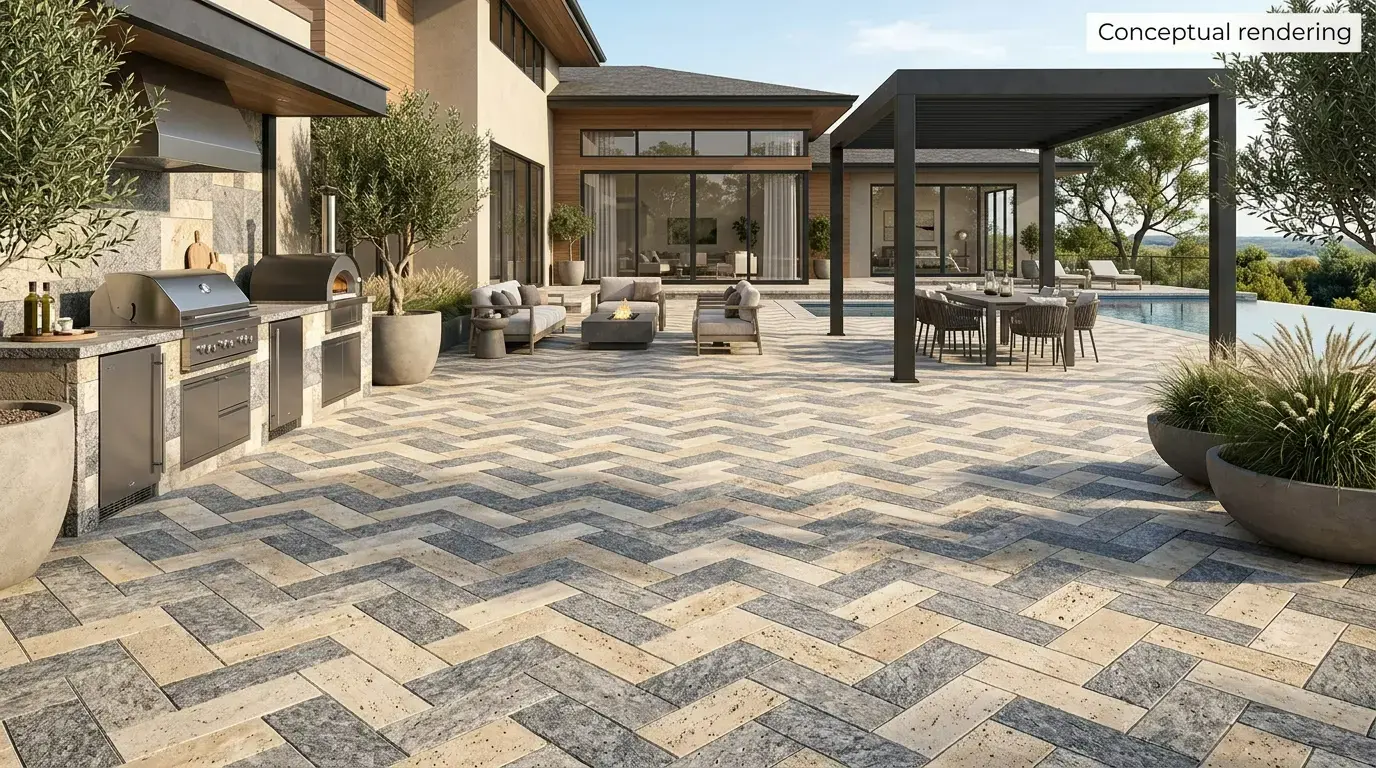 Conceptual rendering of a herringbone pattern paver patio with an outdoor kitchen and pool.