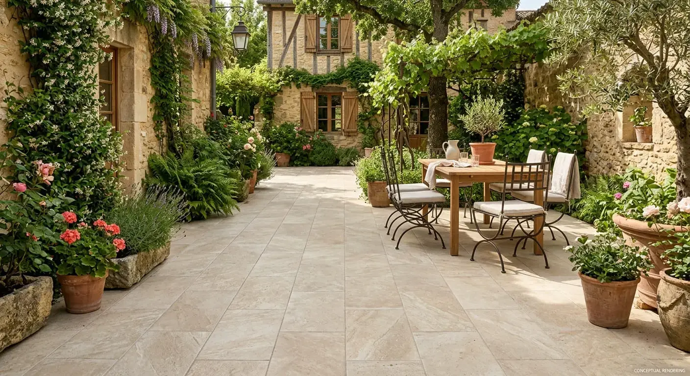 Conceptual rendering of a limestone hardscape courtyard with potted plants and outdoor dining.