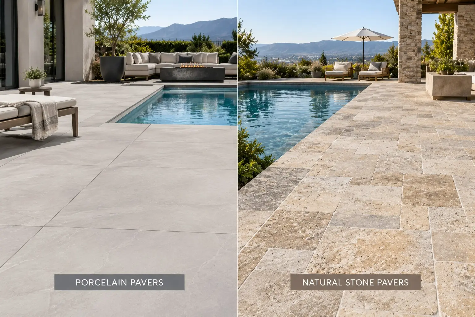 Conceptual rendering of a Porcelain vs. Natural Stone Pool Decks.