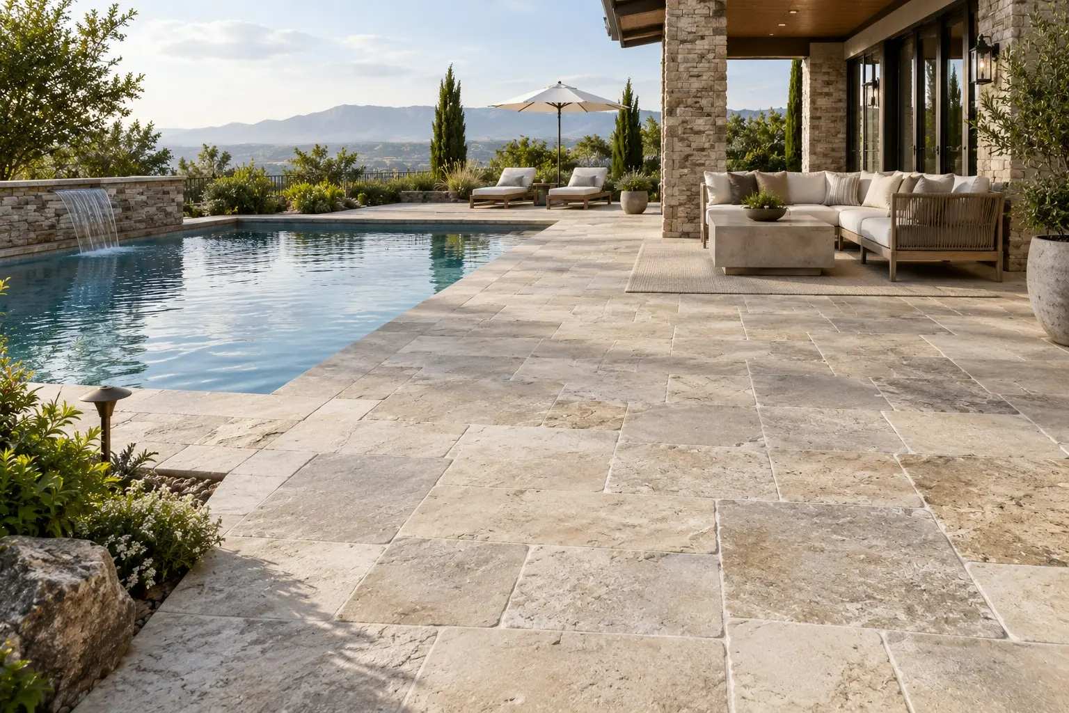 Conceptual rendering of a Natural Stone Paver Luxury Patio Pool.