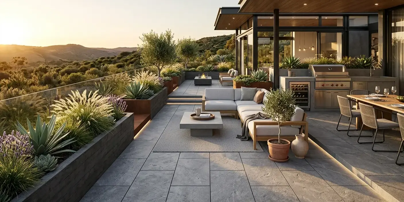 Conceptual rendering of a modern hardscape design patio with large-format pavers and linear planters.
