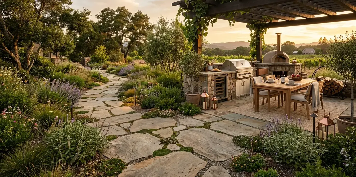 Conceptual rendering of a rustic hardscape design path using irregular stone and wide natural joints.