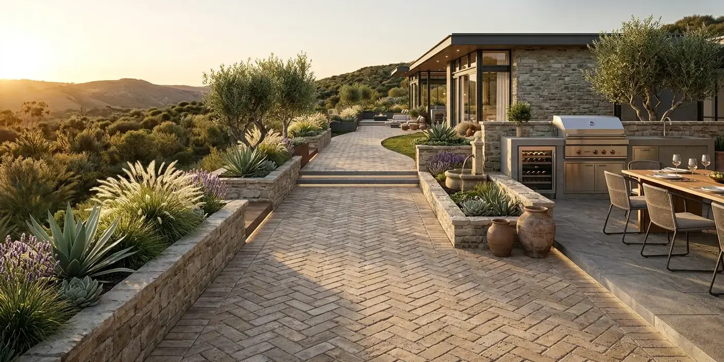 Conceptual rendering of a traditional hardscape design walkway with a herringbone paver pattern.