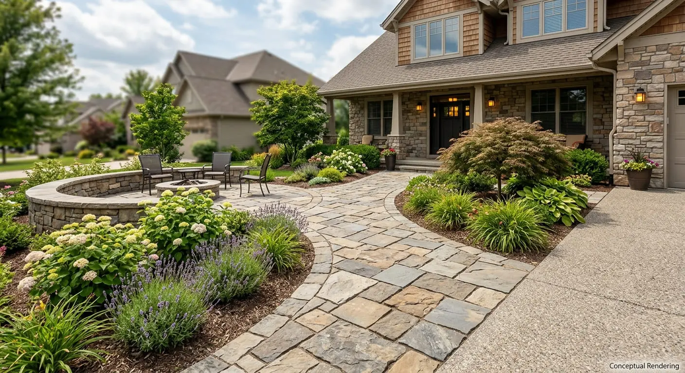 Conceptual rendering of front yard featuring a concrete paver walkway and stacked stone hardscaping