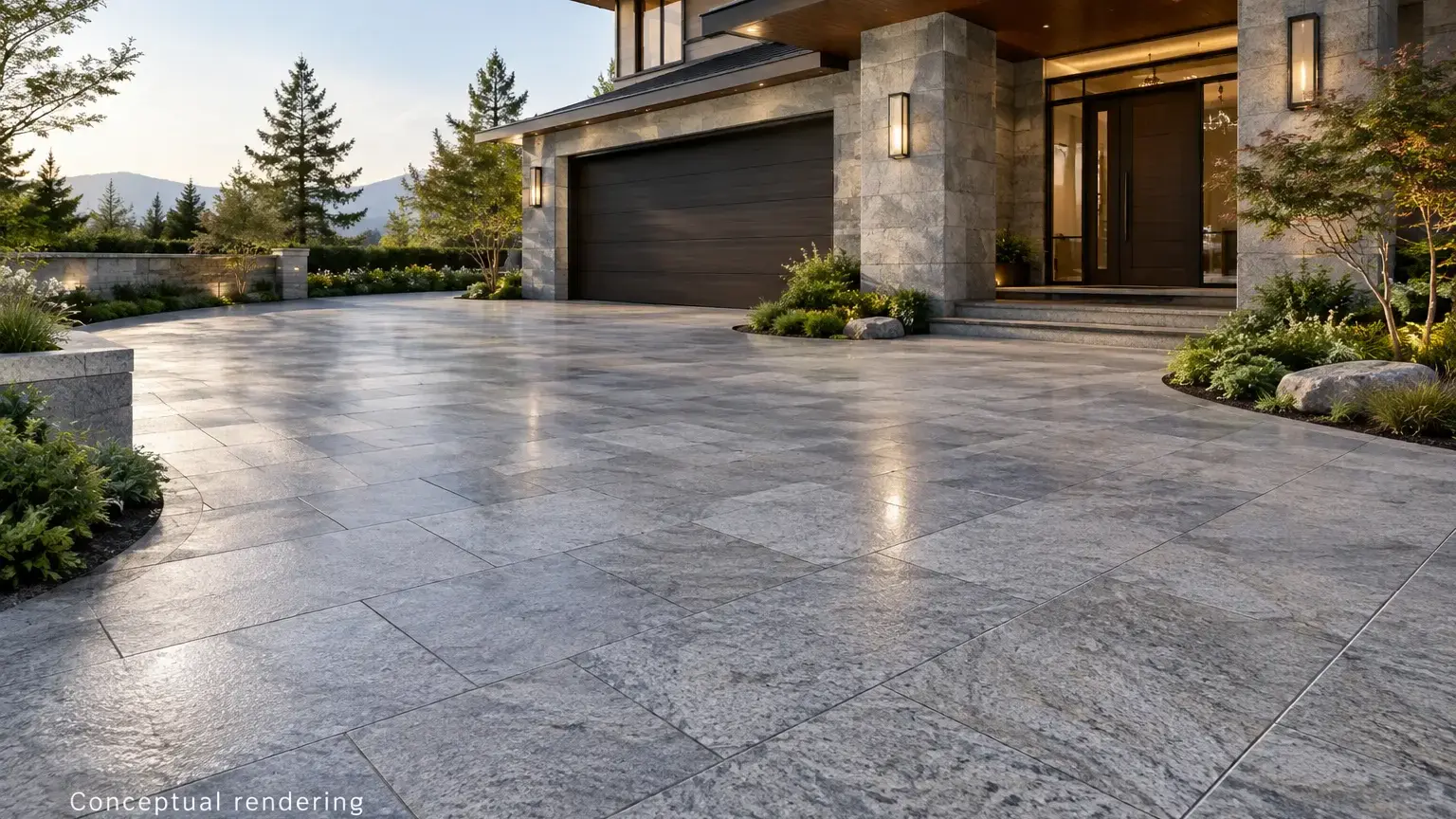 Conceptual rendering of honed exterior with granite hardscaped stone for driveway and landscaped entrance.