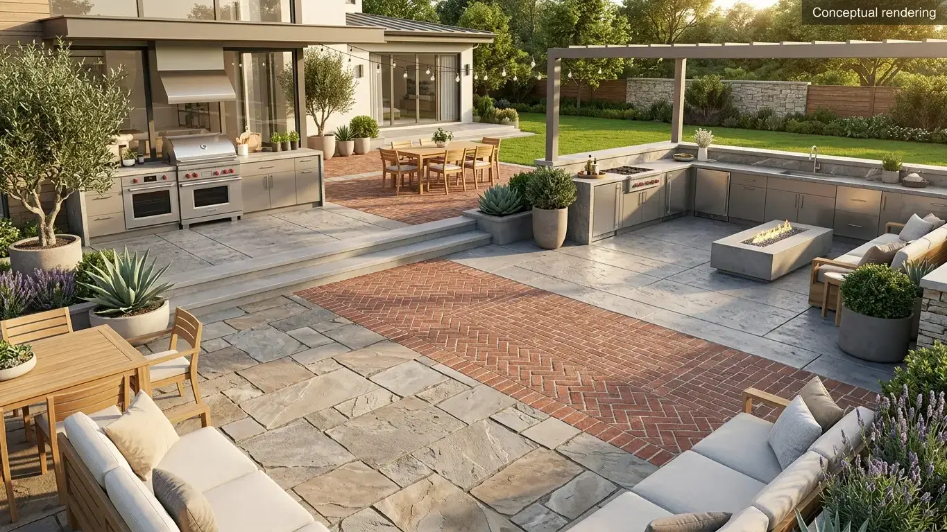 Conceptual rendering of a modern patio with different hardscape materials to compare.