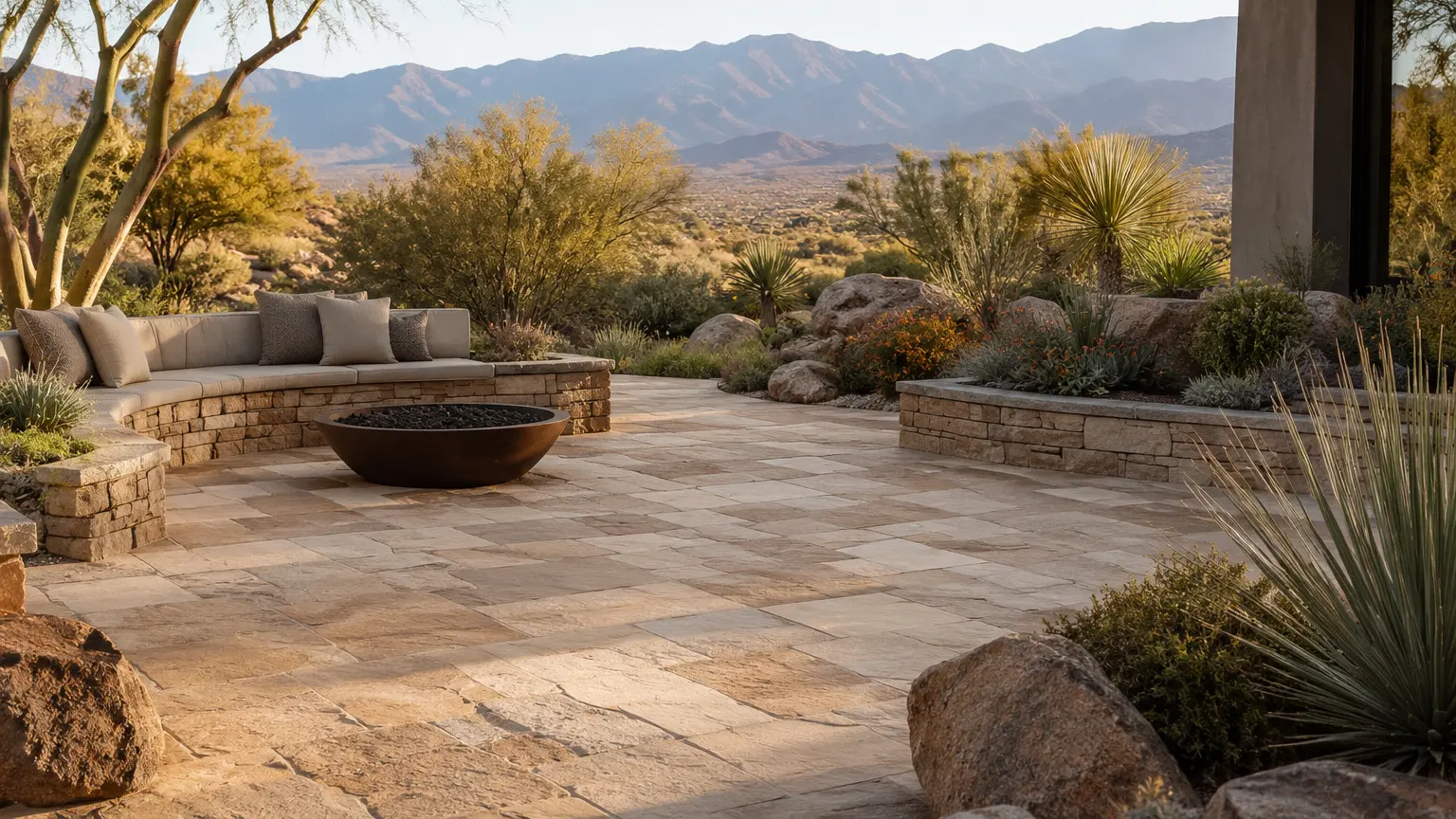 Conceptual rendering of a natural stone patio in a high desert backyard setting.