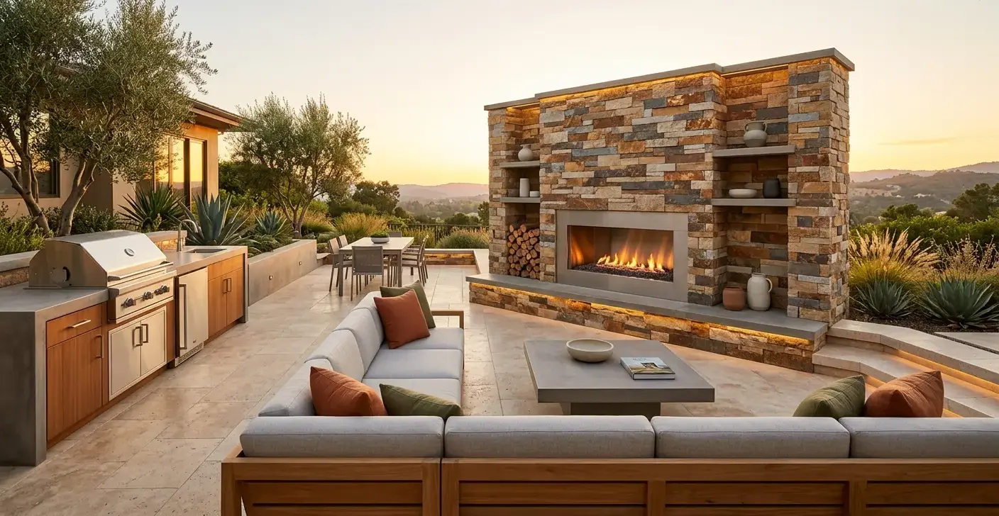 Conceptual rendering of a ledger stone outdoor fireplace with multi-tone feature wall.