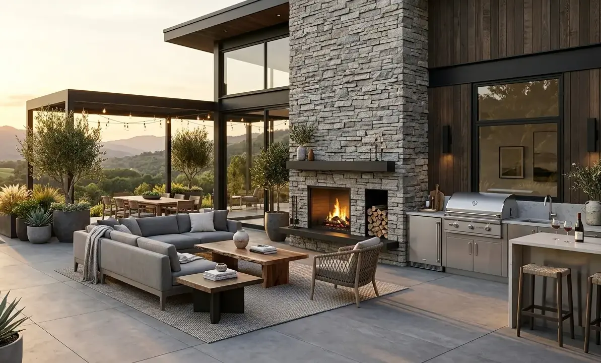 Conceptual rendering of a ledger stone chimney surround beside a modern patio