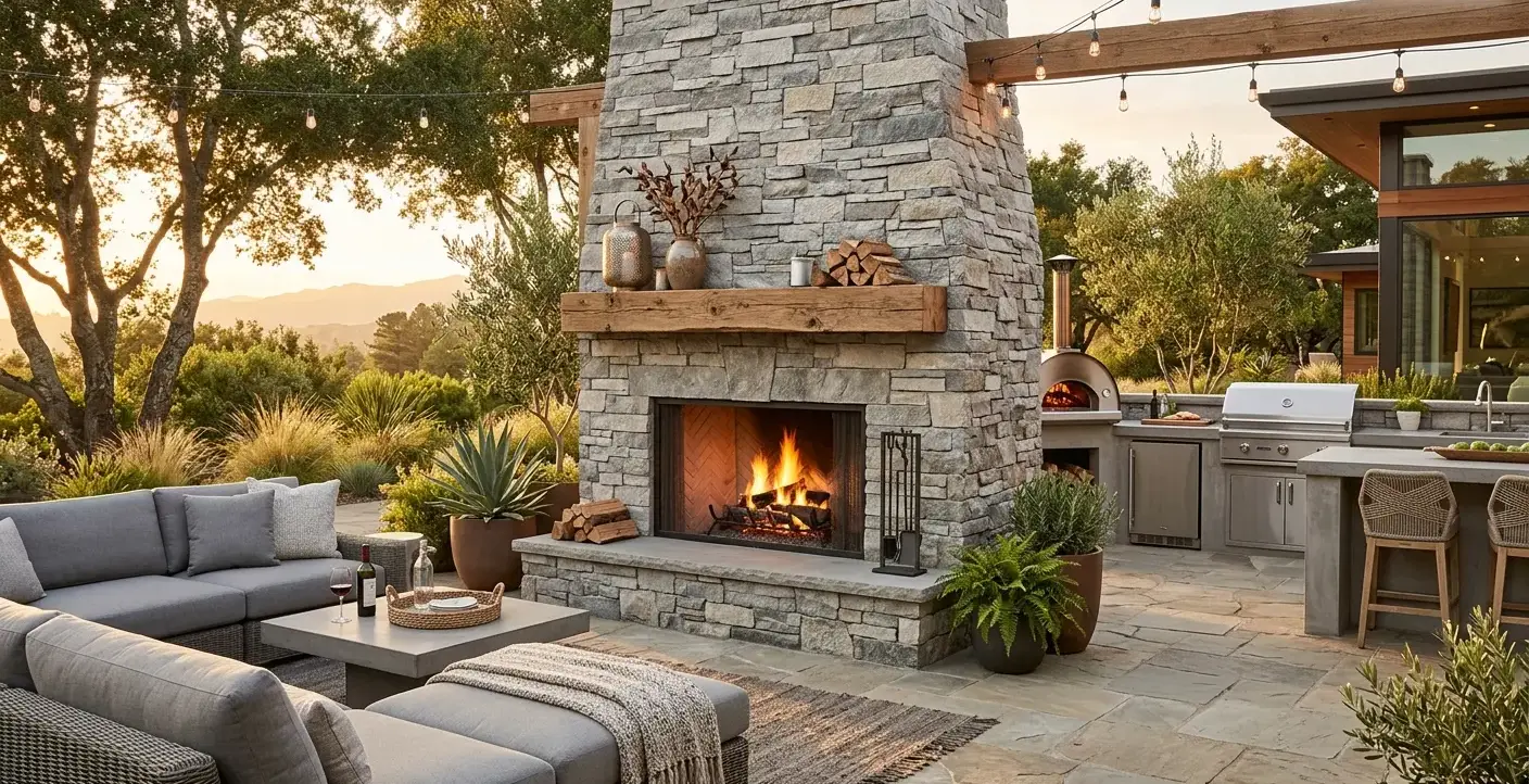 Conceptual rendering of a ledger stone outdoor fireplace with wood mantel accent.
