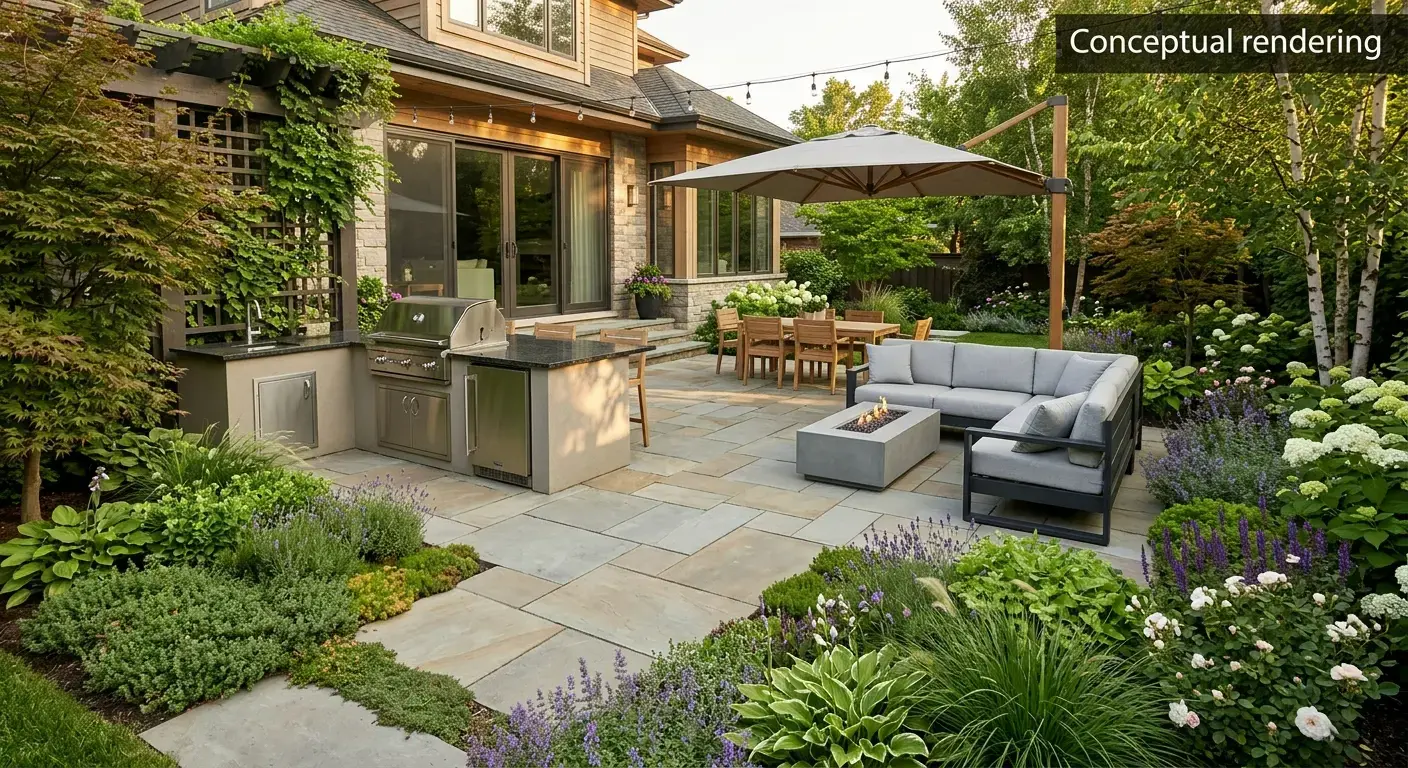 Conceptual rendering of a natural stone paver hardscape with an outdoor kitchen, fire pit, and perennial plantings.