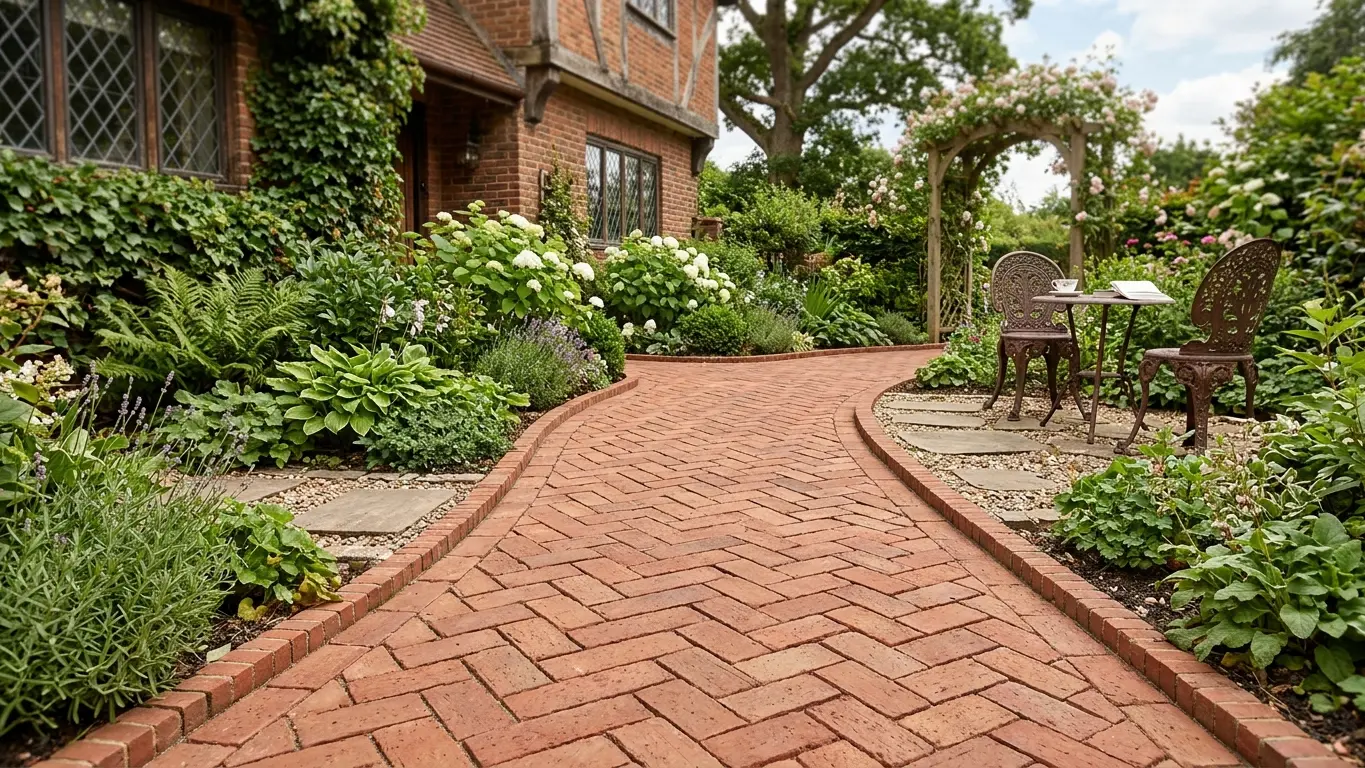 Conceptual rendering of a classic herringbone clay brick paver walkway in a garden patio.