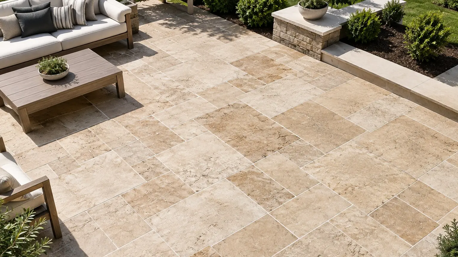 Conceptual rendering of a travertine French pattern patio layout.