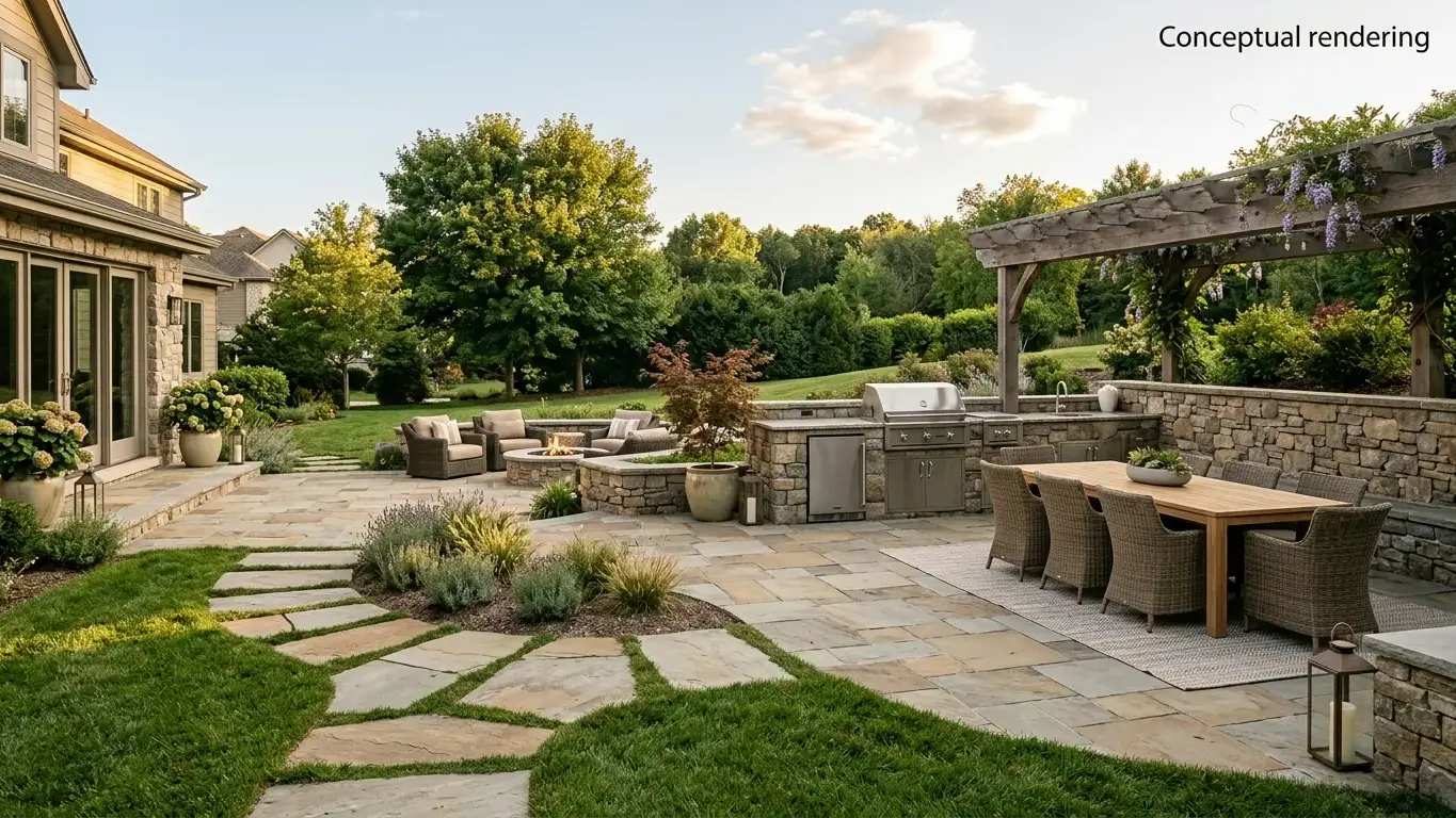 Conceptual rendering of a hardscape patio pathway in a modern home's backyard.