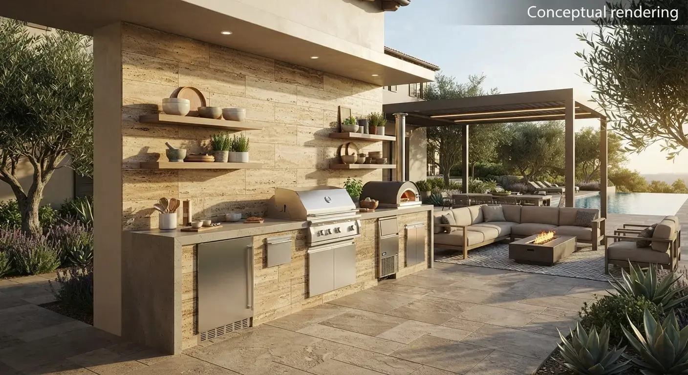 Conceptual rendering of travertine ledger stone outdoor kitchen.